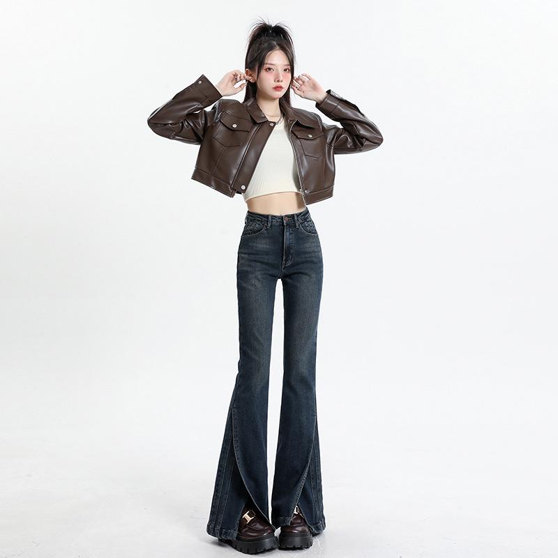 レディース デニムパンツ 春夏 マイクロフレア ロング丈 スリムフィット ストレッチ スリット 床引き 軽量 伸縮性 カジュアル 普段使い