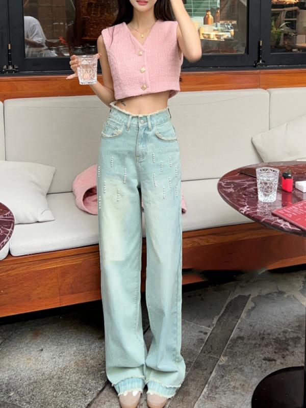 レディース デニムパンツ ライトカラー パール加工 ストレート ワイドレッグ フロア丈 春 カジュアル 普段使い コットン混 軽量 伸縮性