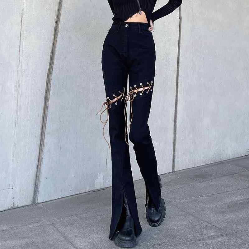 レディース デニムパンツ ハイウエスト ストレート ロング 裾スリット 紐付き 透け 微フレア ストリートスタイル スリムシルエット ジーンズ 普段使い 伸縮性