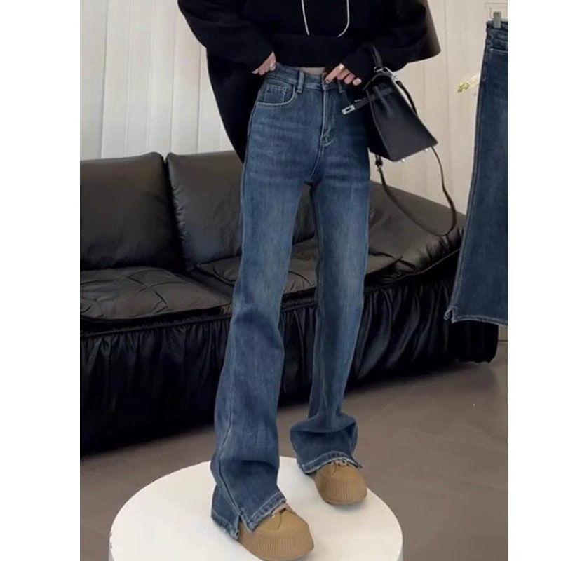 デニムパンツ レディース ハイウエスト フレア スリム 小スリット 秋 ストレッチ 素材 レトロ 韓国 カジュアル 普段使い 伸縮性 ボディフィット デニム 軽量