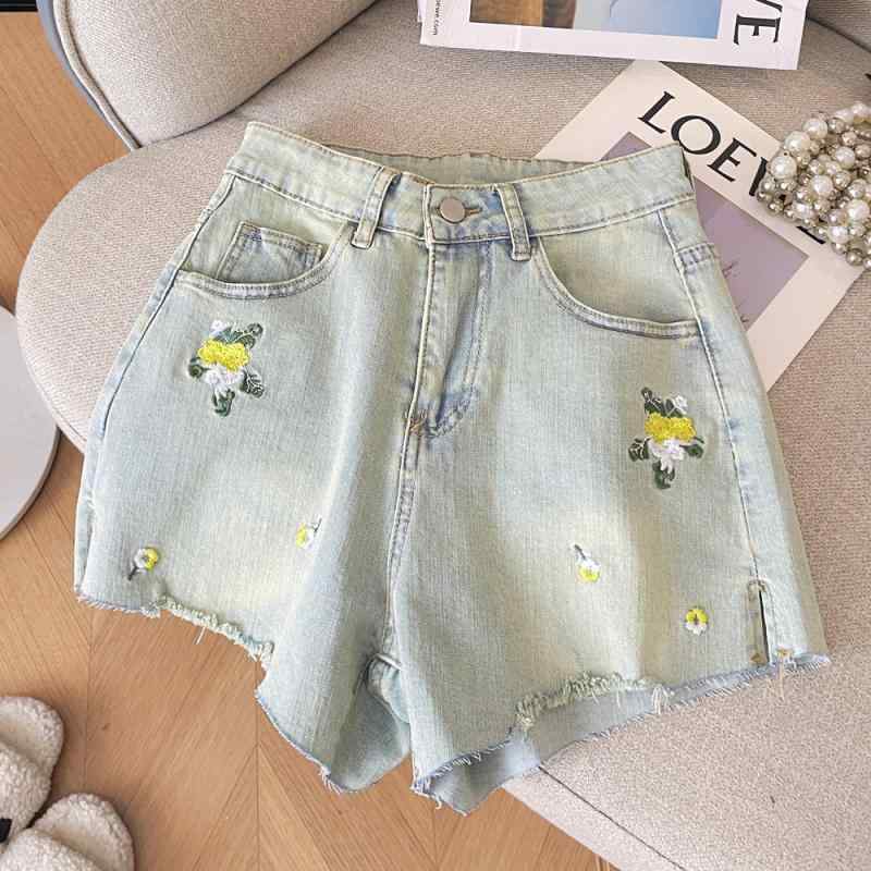 ショートパンツ 女性用 デニム ハイウエスト ワイドレッグ Aライン スリム 伸縮性 刺繍 花柄 スリット カジュアル 夏用 普段使い 軽量