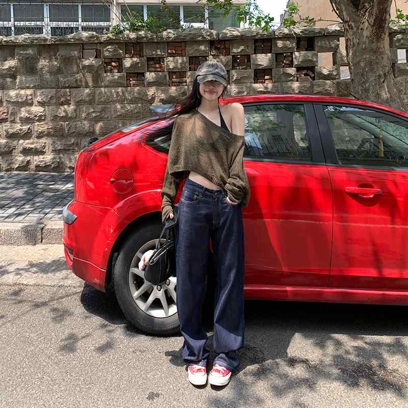 デニムパンツ レディース レトロ 青グレー 夏用 ローライズ ゆったり ストレート ワイドレッグ ドレープ感 スリム リラックス カジュアル 合わせやすい デニム素材
