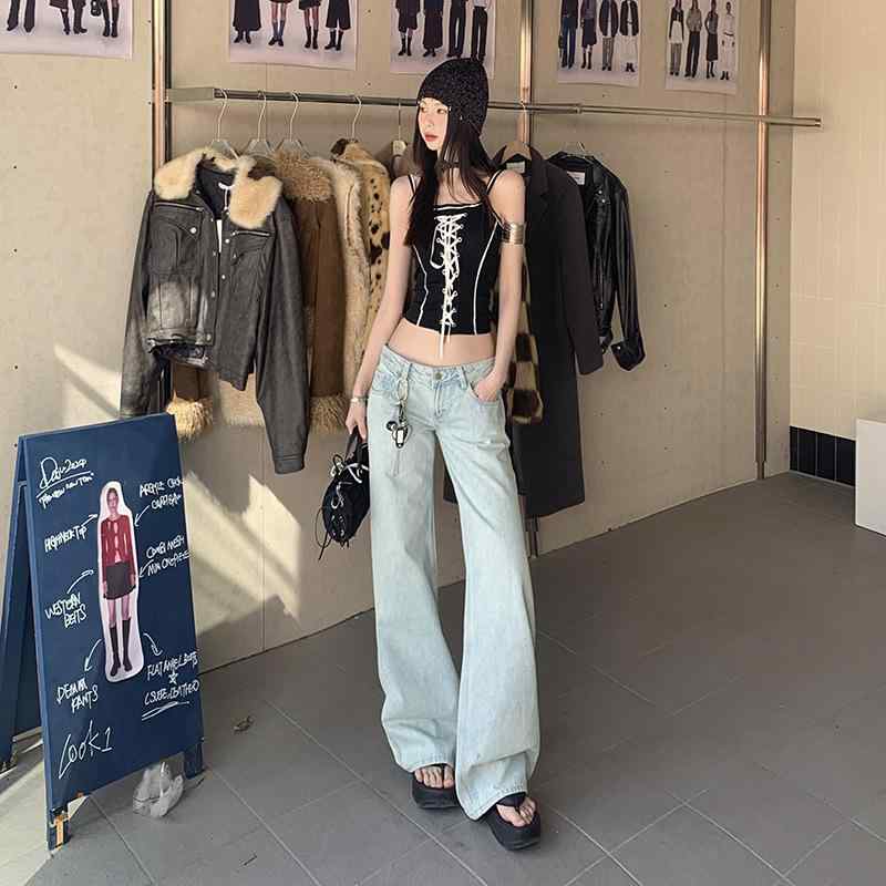 レディース デニムパンツ アメリカン レトロ ローライウ ワイドレッグ ゆったり ストレート 細見え カジュアル 普段使い コーデしやすい