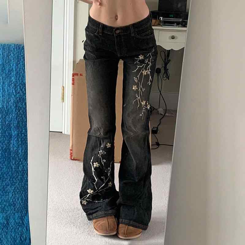 レディース ジーンズ アメリカン レトロ ストリート セクシー デニムパンツ 植物刺繍 性 微フレア スリムフィット ロング丈 スタイリッシュ ボディシェイプ カジュアル 普段使い