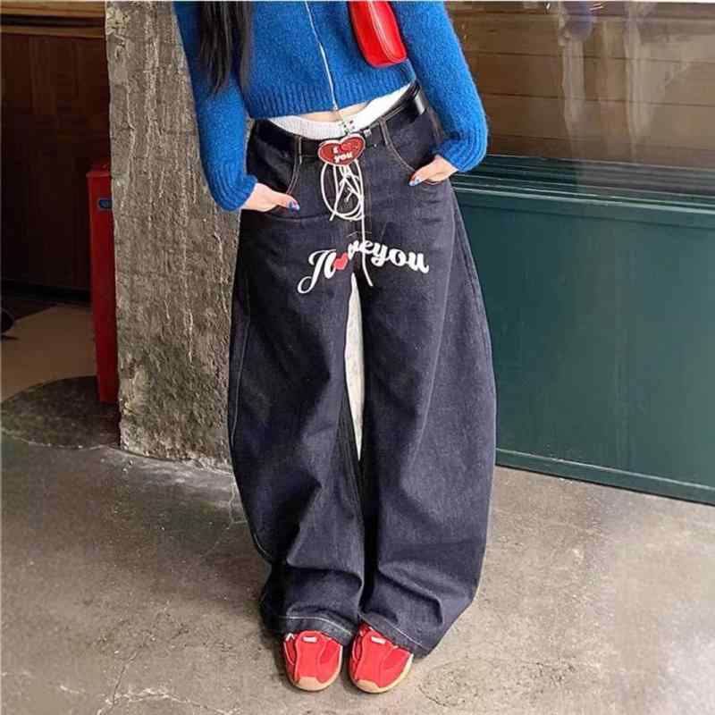 パンツ レディース デニム ワイドレッグ ハイウエスト 紐ベルト 英字プリント アメリカンスタイル ストリートファッション 細見え 脚長効果 秋冬 カジュアル 普段使い