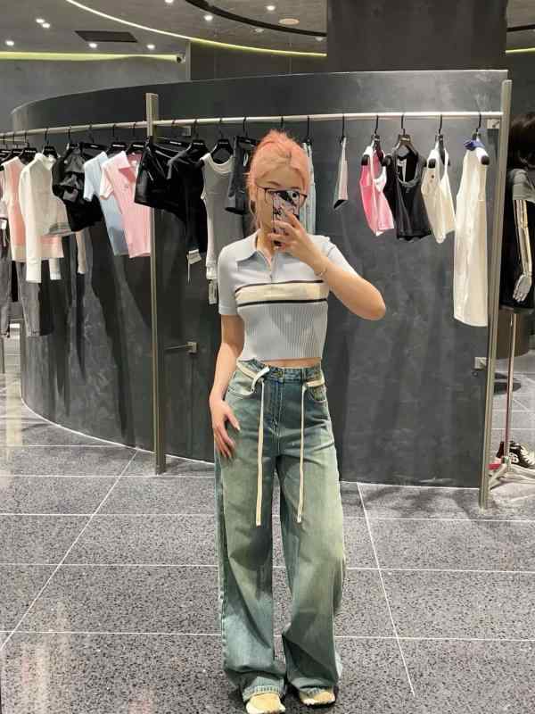デニムパンツ ハイウエスト ワイドレッグ ストレート ヴィンテージ ドローコード 春夏 カジュアル 普段使い ストレッチ コットン混 ゆったりシルエット 快適フィット