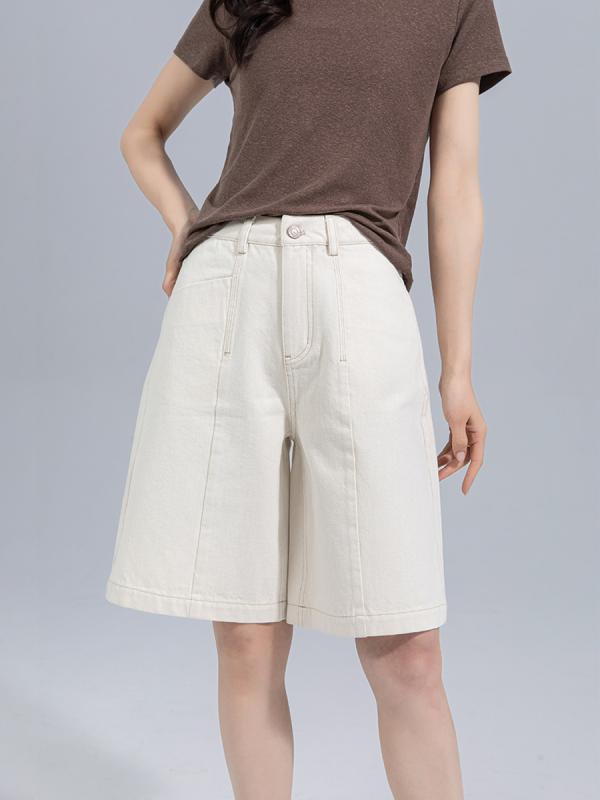 デニム ショートパンツ 女性用 春夏 薄手 ゆったり ワイドレッグ ハイウエスト 細見せ 膝上丈 カジュアル 普段使い 軽量 伸縮性 コットン混