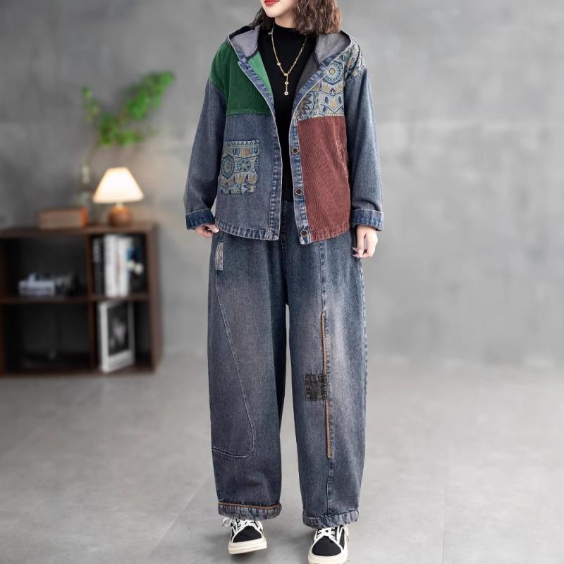 レディース デニム フード ジャケット パンツ 2点セット 切り替え カラーブロック ゆったり シルエット カジュアル ファッション コットン 素材 フィット