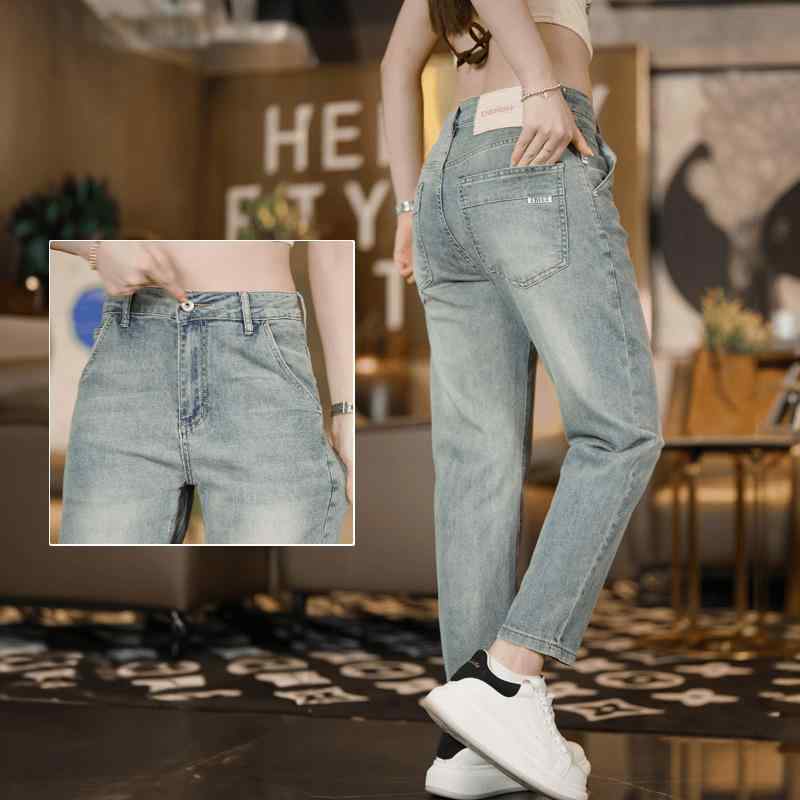 メンズ デニムパンツ レトロ ブルー 9分丈 テーパード フィット 秋 日常使い ストレッチ コットン 素材 ハイウエスト
