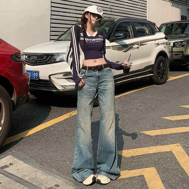 レディース デニムパンツ ローライズ フレア レトロ アメリカンスタイル ウォッシュ加工 ドレープ感 ロング丈 合わせやすい カジュアル 普段使い 伸縮性 軽量