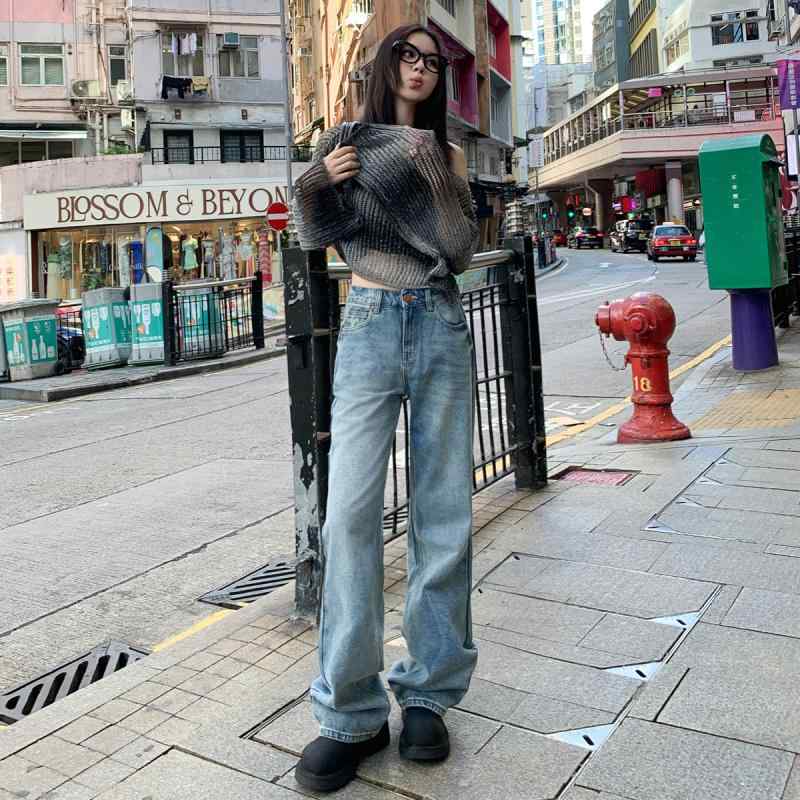 レディース デニムパンツ ウォッシュドブルー ストレートワイドレッグ フィット 痩せ見え ヒップカバー 秋 カジュアル 普段使い ストレッチ素材