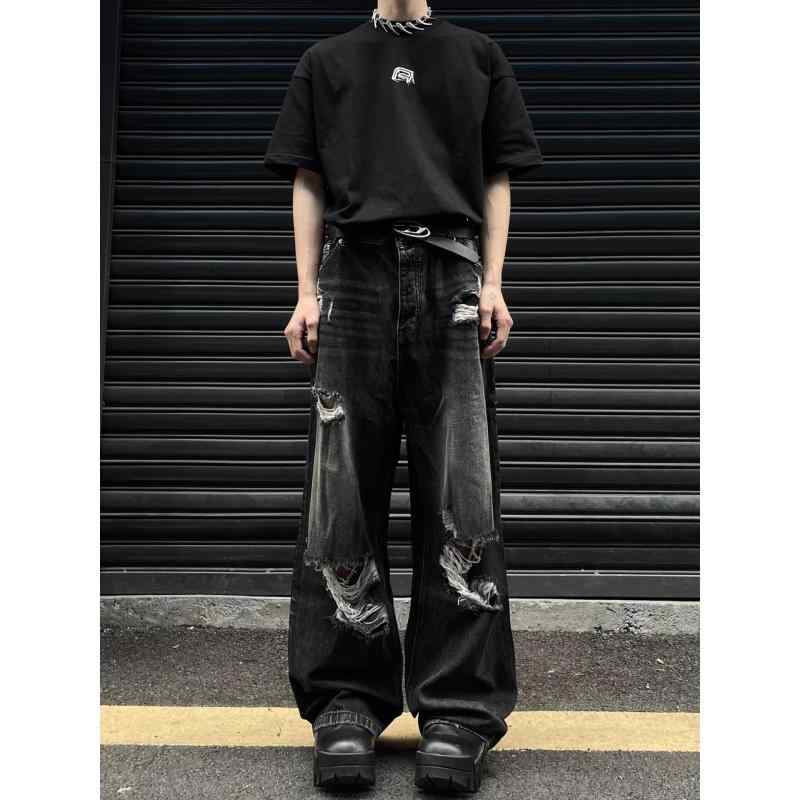 メンズ ワイドレッグ コットン デニムパンツ レトロ 破れ フリンジ ビッグシルエット ドレープ ロング丈 カジュアル ストリート スタイル アメリカン ヴィンテージ 普段使い