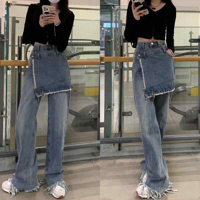 レディース デニム ワイドレッグパンツ ストレート 切り替え フリンジ ロング丈 ビッグサイズ ぽっちゃり対応 カジュアル 普段使い 合わせやすい