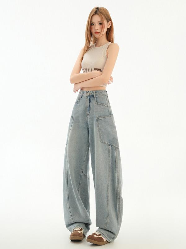 女性用 デニムパンツ アメリカン レトロ ウォッシュ加工 ライトブルー ワイドレッグ フィット バナナシルエット 体型カバー 秋用 ゆったり ストレッチ 普段使い