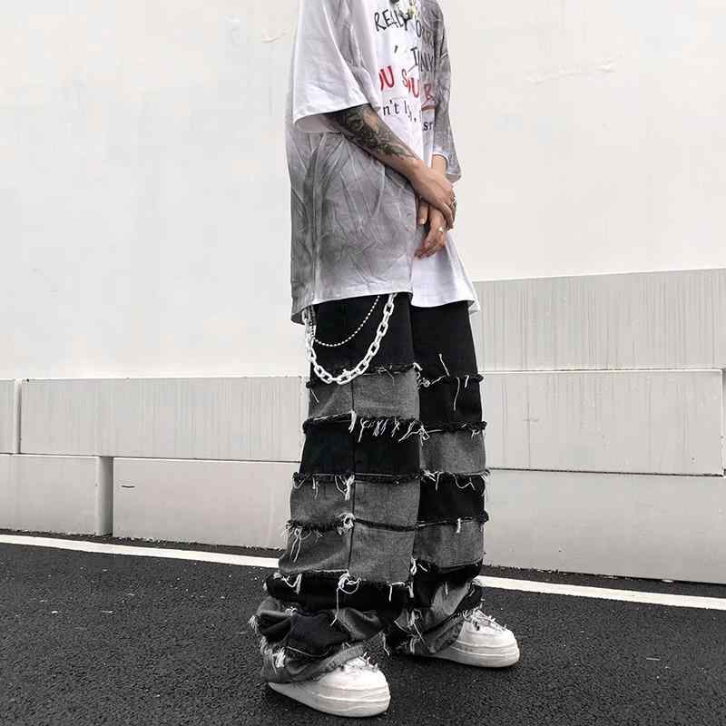 メンズ ワイドレッグ デニムパンツ フィット フリンジ付き ビンテージ ヒップホップスタイル ゆったり カジュアル ストリートファッション コットン素材 膝下丈 ユニセックス 普段使い