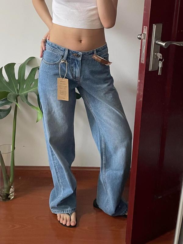 デニムパンツ レディース コットン ブルー ローライズ ストレート ゆったり カジュアル 春夏 ロングパンツ 普段使い ボトムス 軽量 伸縮性