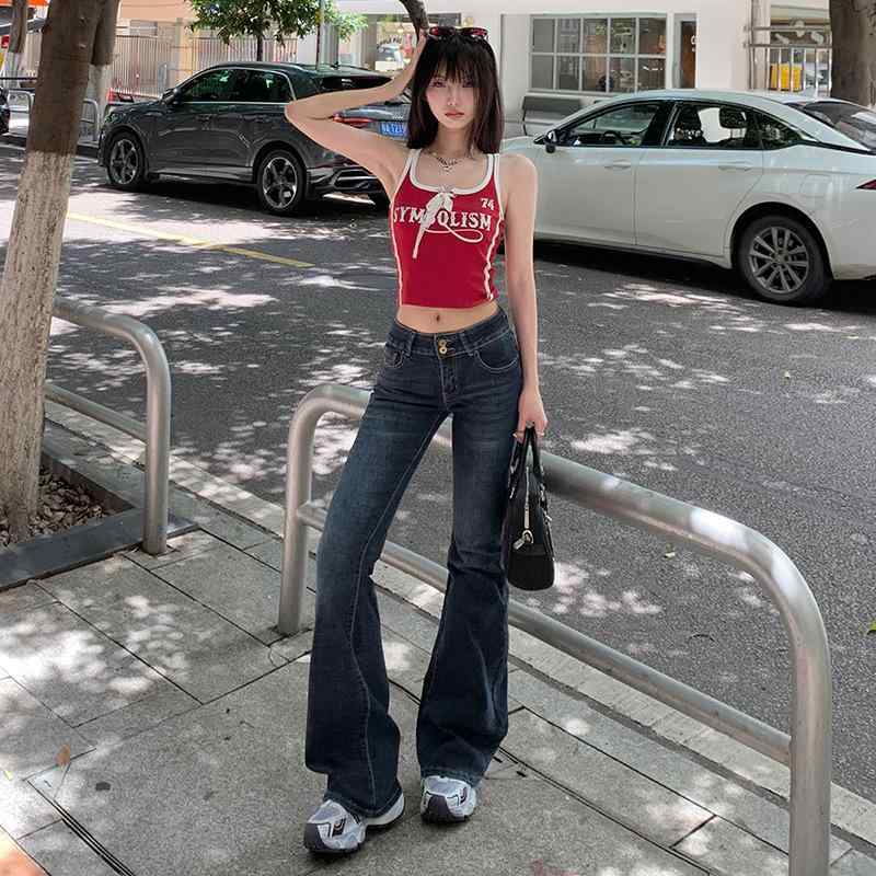 デニムパンツ レディース アメリカンスタイル レトロ 低腰 微フレア ストレッチ スリム 合わせやすい 春夏 フルレングス ロング丈 ジーンズ ズボン 普段使い 軽量 伸縮性