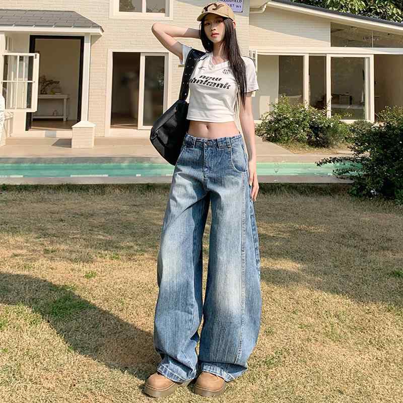 デニム ワイドパンツ メンズ レディース ユニセックス レトロ アメリカンスタイル カジュアル 普段使い 脚長効果 スリム ストレッチ コットン混 ゆったりシルエット 街着 ボトムス