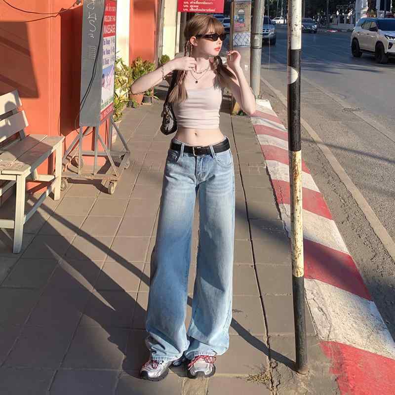 レディース 春夏 アメリカン レトロ 低腰 ワイドレッグ デニムパンツ ゆったり ストレート ロング丈 カジュアル 普段使い コーディネートしやすい 伸縮性