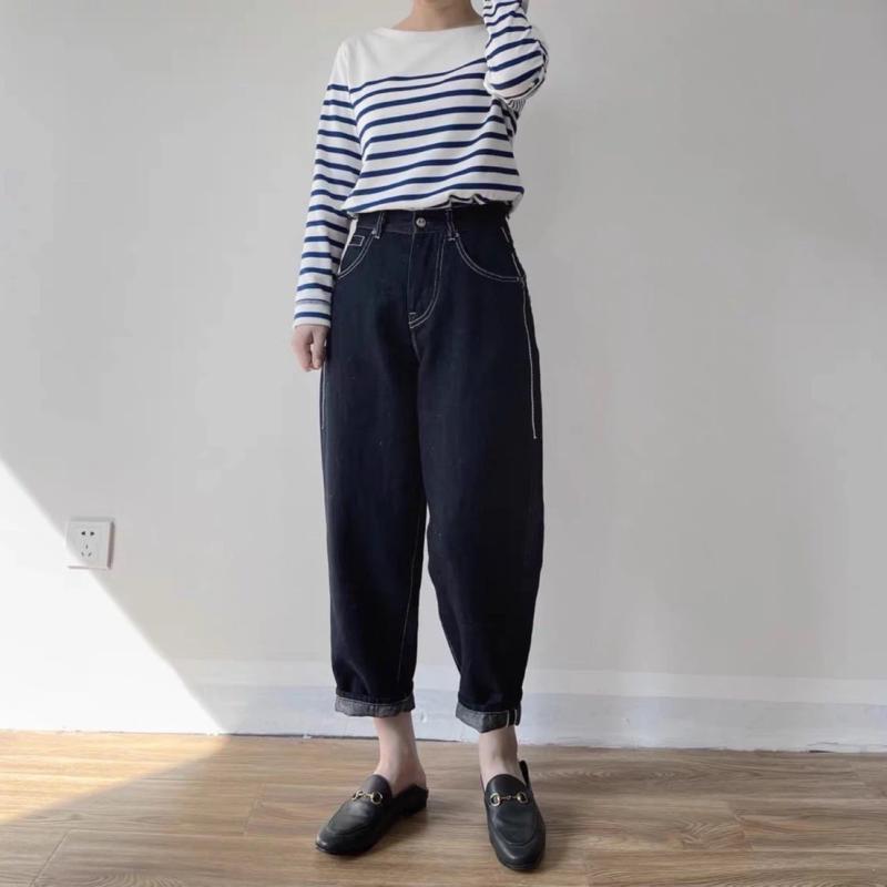 デニムパンツ 高腰 9分丈 コットン リネン 赤耳 テーパード スリム 細身 カジュアル 普段使い 伸縮性 軽量