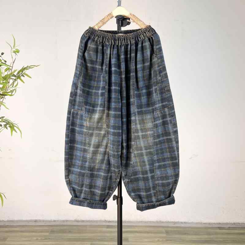 デニムパンツ レディース レトロ ディストレス加工 ツートンカラー チェック柄 切り替え アンクル丈 フィット ワイドシルエット スタイル ラディッシュスタイル カジュアル 普段使い