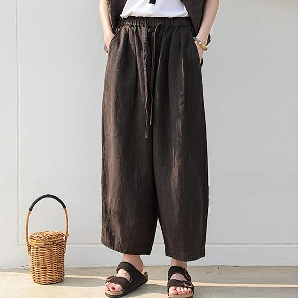 レディース クロップドパンツ リネン ツイルデニム ウォールナットブラウン ボヘミアン か細い相応う 表現スタイル繰り上げる 秋物 軽さ 伸縮性 普段使い走り 通い用 広広とした影ぼうし テーパード