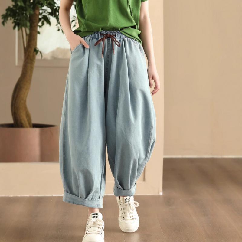 デニムパンツ レディース 夏用 塩水洗い加工 カジュアル 九分丈 紐付き 松腰 ワイドレッグ コットン素材 ストレッチ 普段使い 軽量 吸湿速乾