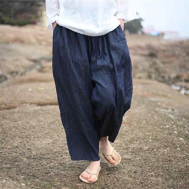 レディース ワイドパンツ デニム 濃紺 フリンジ裾 伸縮ウエスト フィット カジュアル アンクル丈 普段使い ゆったりシルエット コットン混 軽量 ストレッチ