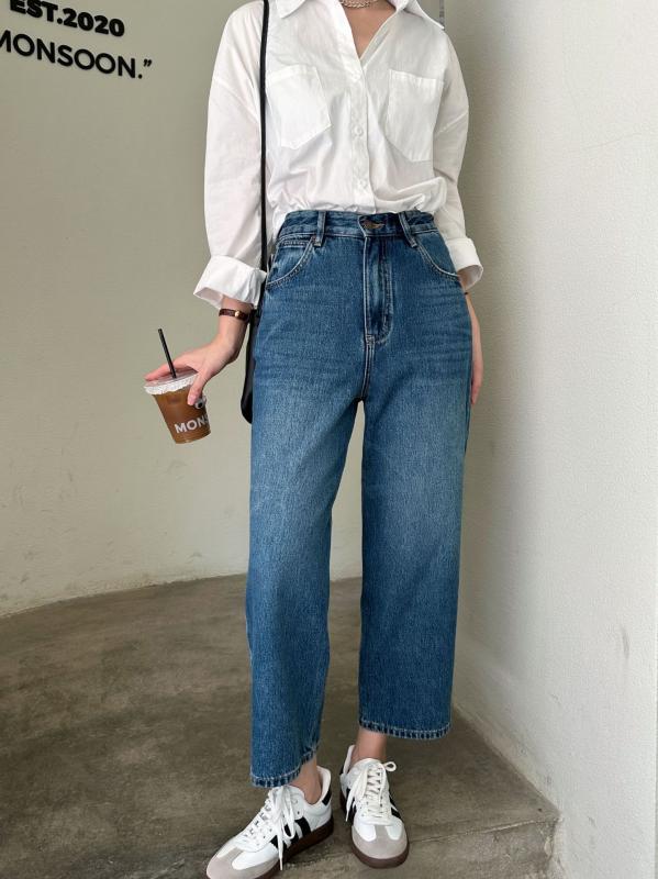 レディース 春夏 ゆったり ハイウエスト 9分丈 コットン デニムパンツ スタイル ノンストレッチ カジュアル ボトムス 普段使い リラックスフィット ミッドライズ スリムシルエット