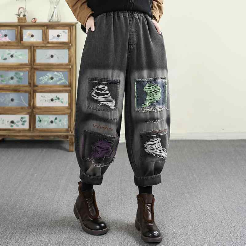 レディース デニムパンツ パッチワーク 破れ穴 ヴィンテージ ウォッシュ ブリーチ加工 ワイドパンツ パンツ ルートパンツ カジュアル 普段使い デニム素材 ビッグシルエット スタイリッシュ
