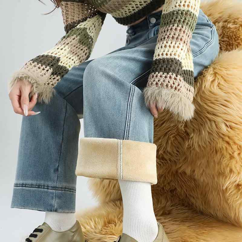 レディース デニムパンツ ハイウエスト 伸縮性 暖かフリース 厚手 スリム効果 ストレート 小柄対応 大きめサイズ 秋冬 普段使い デニム素材