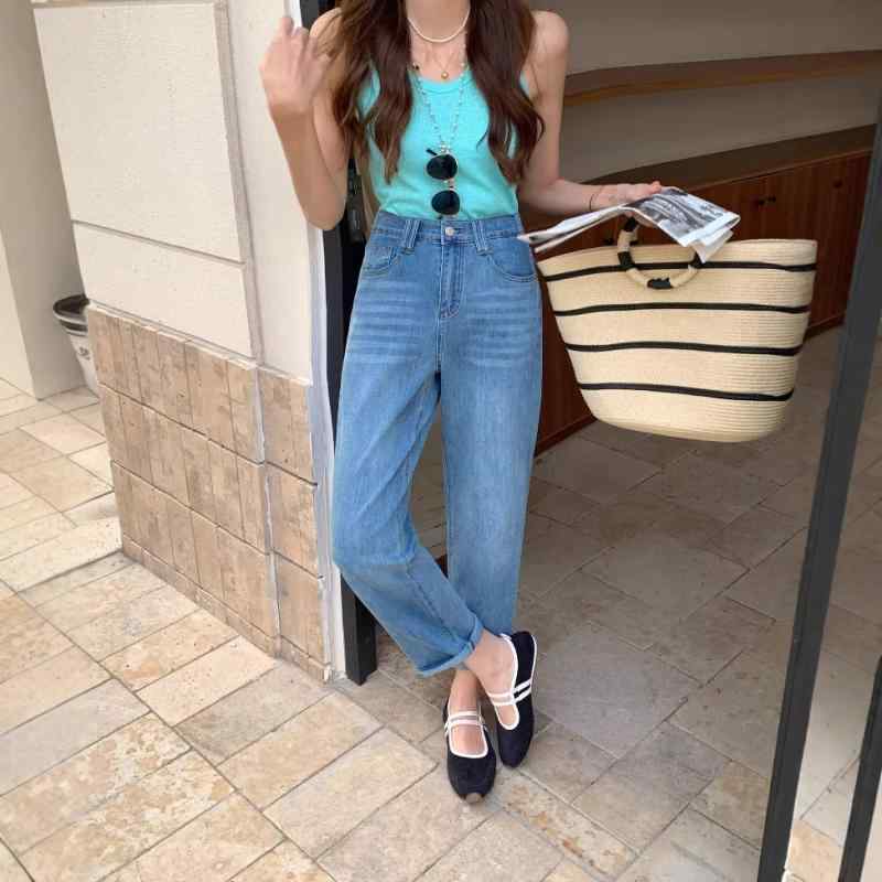 デニムパンツ レディース ストレート ワイドレッグ ハイウエスト 9分丈 ゆったり 小柄対応 脚長効果 コーデ万能 春夏 普段使い デニム素材 伸縮性 カジュアル