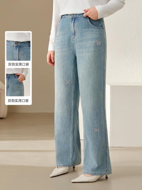 レディース デニムパンツ 大きめサイズ 秋冬 ストレートシルエット スリム効果 ラインストーン装飾 合わせやすい ゆったりフィット カジュアル 普段使い コットン混 軽量 ストレッチ