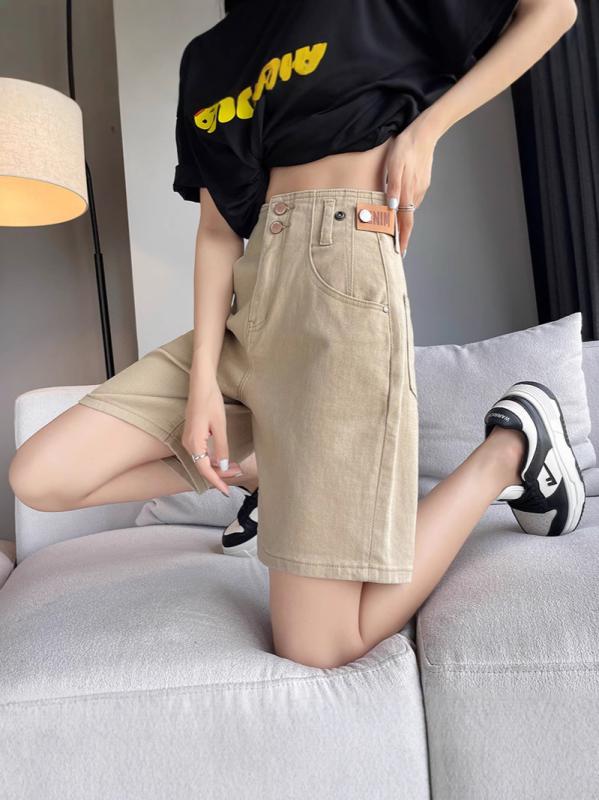 デニム ショートパンツ レディース 夏 薄手 ハイウエスト Aライン ワイドレッグ ブルー 細見え カジュアル 普段使い 軽量 伸縮性