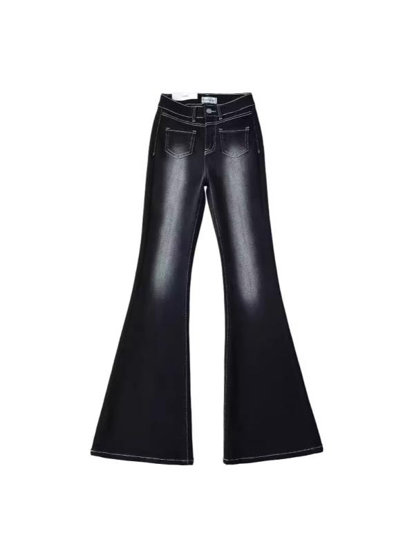 レディース 夏 ハイウエスト ストレッチ スリム フレア デニムパンツ レトロ 前ポケット 明線ステッチ ウォッシュ加工 カジュアル 普段使い 軽量 伸縮性 デニム素材 ビッグシルエット ブルー系