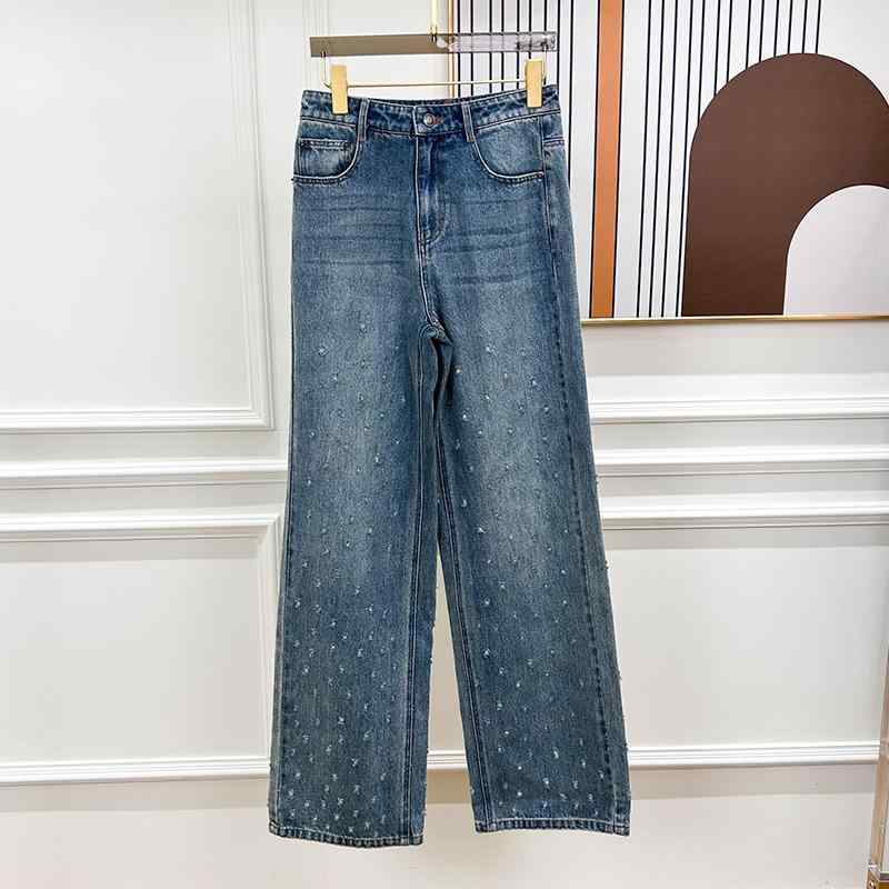 レディース 秋冬 デニムパンツ 高級感 花柄 ドット柄 ダメージ ハイウエスト ストレート ワイドレッグ 細見え ロング丈 カジュアル 普段使い