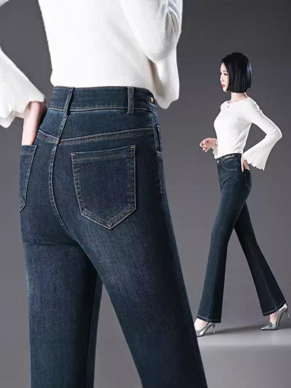 秋 レディース ハイウエスト デニム 微フレアパンツ ストレッチ素材 スリム効果 ロング丈 普段使い カジュアル 伸縮性 コーディネートしやすい