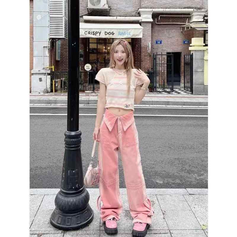レディース ピンク フリンジ ストレート デニムパンツ ハイウエスト ワイドレッグ 細見え 夏用 カジュアル 普段使い デニム素材 軽量 伸縮性