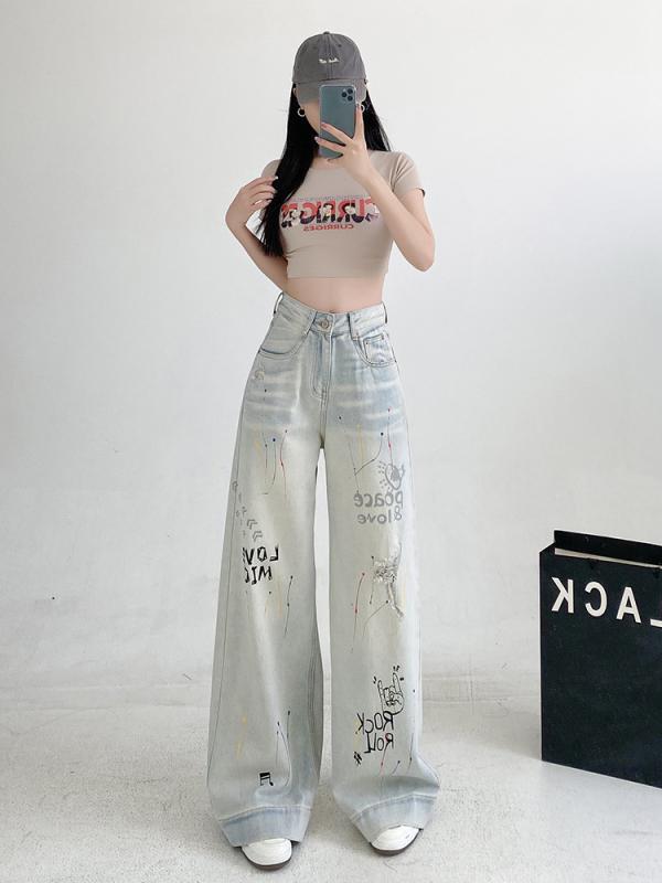 デニムパンツ レディース 春夏 ハイウエスト ワイドレッグ ストレート フィット ダメージ加工 ウォッシュ加工 カラフルプリント スリム効果 カジュアル 普段使い デニム素材 伸縮性 軽量