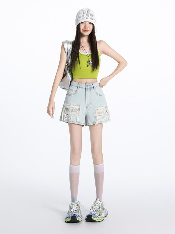 ショートパンツ 女性用 デニム ライトカラー ハイウエスト ゆったり スリム効果 レース パッチ ダメージ ワイドレッグ 夏用 カジュアル シルエット 淡い色