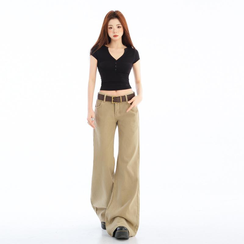 デニムパンツ レディース アメリカン レトロ ローライズ ワイドレッグ 微ラッパ カーキ ブラウン ドレープ感 ゆったりシルエット デニム素材 カジュアル 普段使い 個性的 ストレッチ