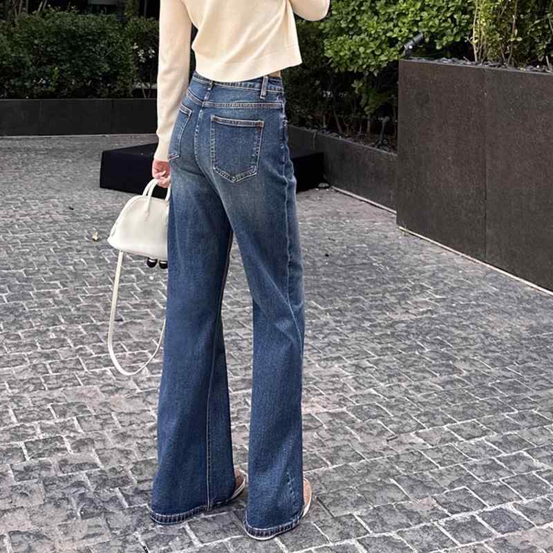 秋用 デニム フレアパンツ シルエット レトロ ヴィンテージ ウォッシュ加工 カジュアル ロングパンツ 普段使い コーディネートしやすい ストレッチ素材