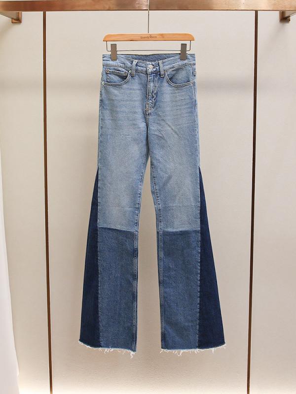 ジーンズ レディース 春夏 ハイウエスト ロング丈 微フレア デニムパンツ カジュアル レトロ コントラストカラー パッチワーク 汎用 ストレッチ 普段使い デニム素材 ビッグシルエット｜ホープ