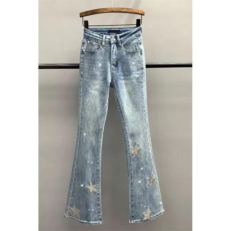 レディース デニムパンツ 夏用 ハイウエスト 微フレア 伸縮性 星型刺繍 ロング丈 スリムライン 軽量 デニム素材 カジュアル