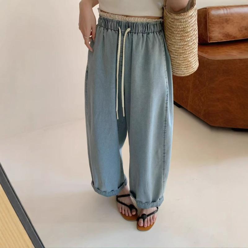 レディース 薄手デニムパンツ ゆったりストレート ドローコード カジュアル 夏用 軽量 伸縮性 普段使い ブルー系 ジーンズ ボトムス