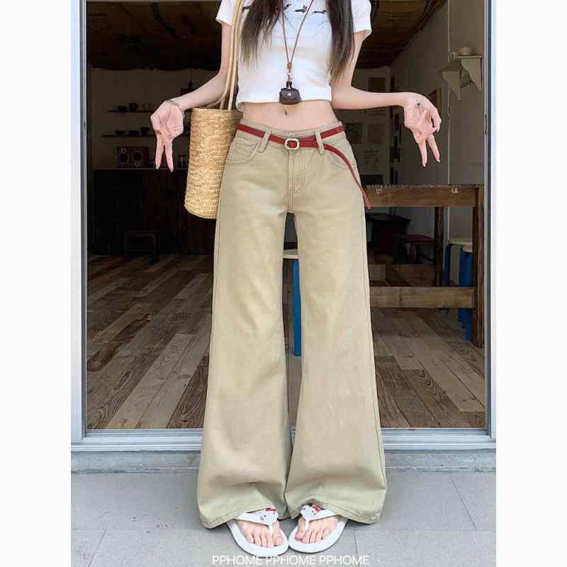 レディース デニムパンツ カーキ色 ワイドレッグ ローライズ 夏用 細見え ストレート 落ち感 ロング丈 アメリカンスタイル カジュアル 普段使い デニム素材