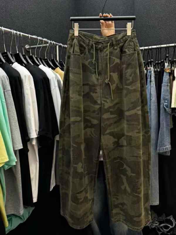 レディース 迷彩 デニムパンツ ゆったり ストレート レトロ カジュアル ロングパンツ 春夏秋 ジーンズ ズボン ビンテージ ストリート 普段使い