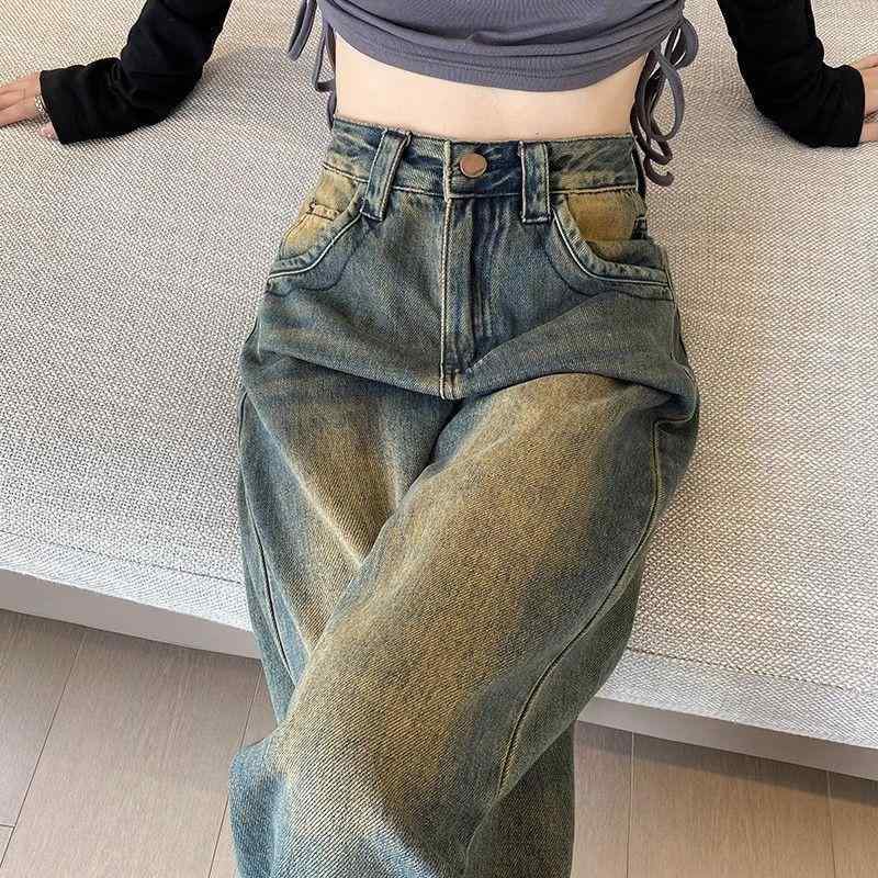 デニムパンツ 女性用 秋 レトロ ハイウエスト ワイドレッグ ロング ウォッシュド イエロー スリム 床引き カジュアル 普段使い コットン