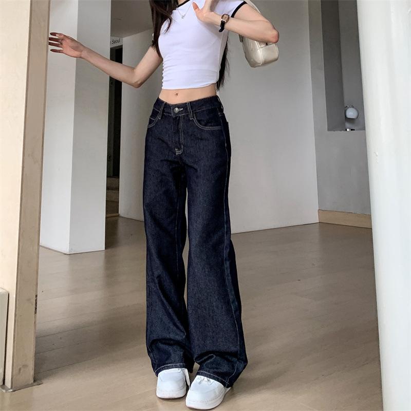 レディース 夏用 デニムパンツ ダークブルー ローライズ ストレート ゆったり スリムシルエット 普段使い カジュアル コットン 軽量 コーディネートしやすい