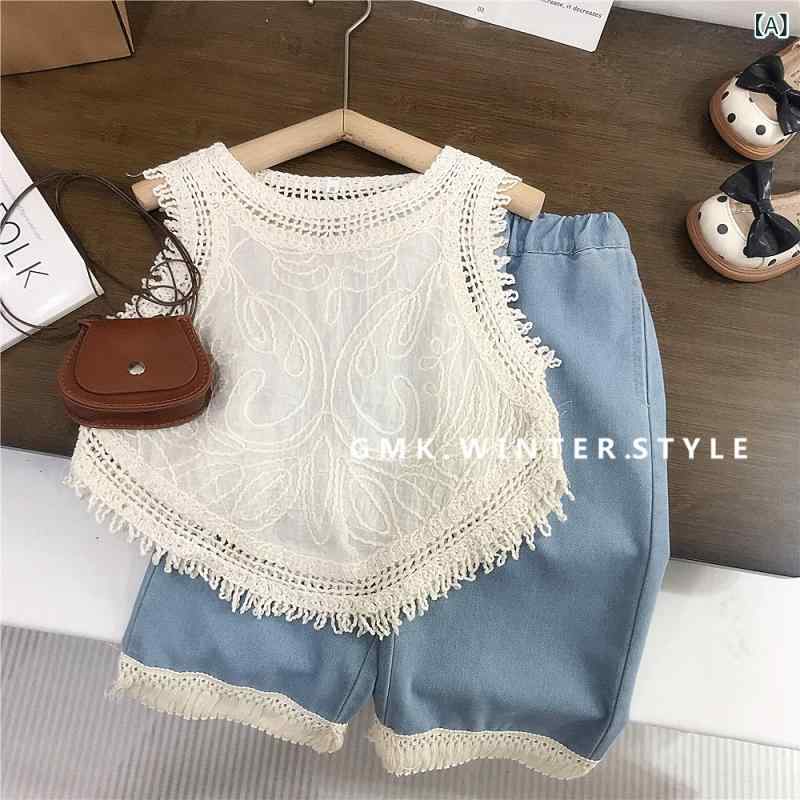 女の子 夏服の 韓国 スーツ 新型の 刺繍の フリンジベストの 広い 足の ズボンの 2 セットの 対外